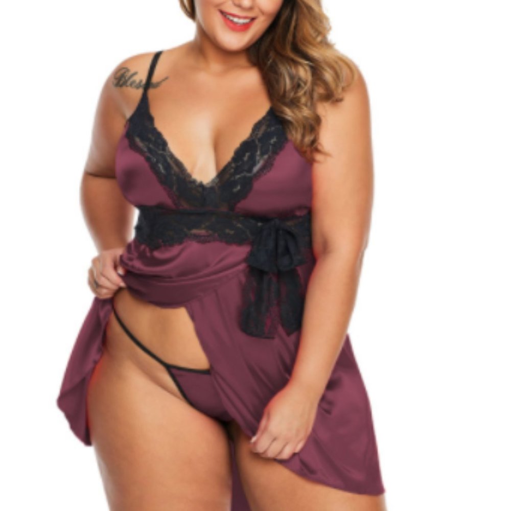 4XL wine Lace V Neckline Babydoll - Picture 2 of 3